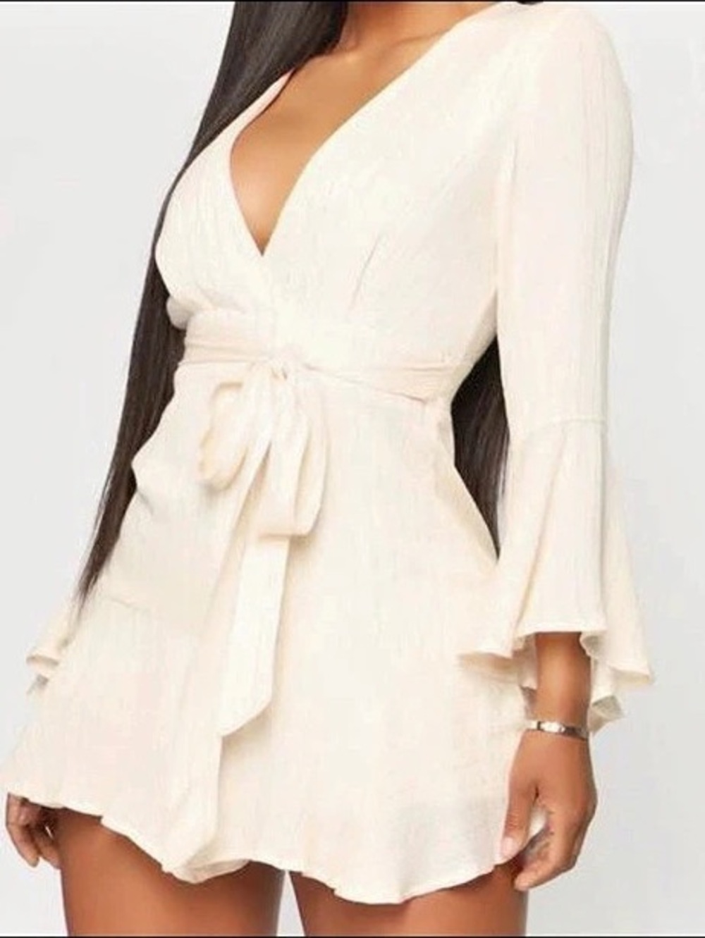 Long Sleeve Mini Romper in Cream with Tag